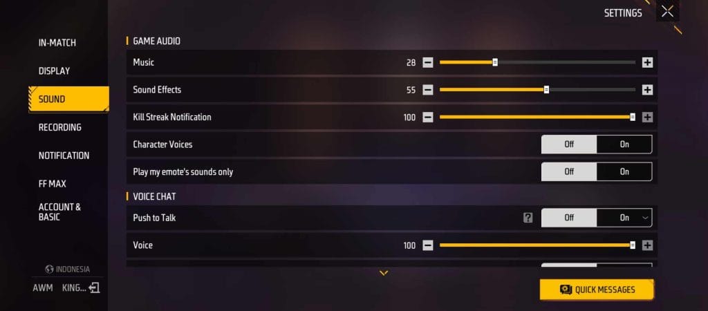 Free Fire audio settings for sound effects music and voice chat