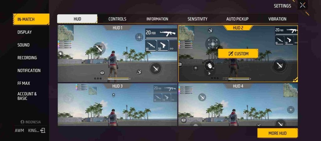 Free Fire basic settings menu showing graphics and audio options
