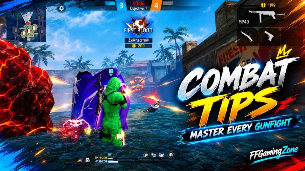 Free Fire combat tips showing a player using cover during a gunfight
