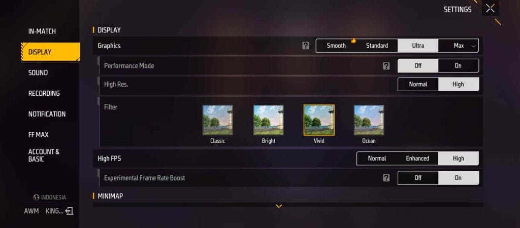 Free Fire graphics settings showing FPS and visual quality options