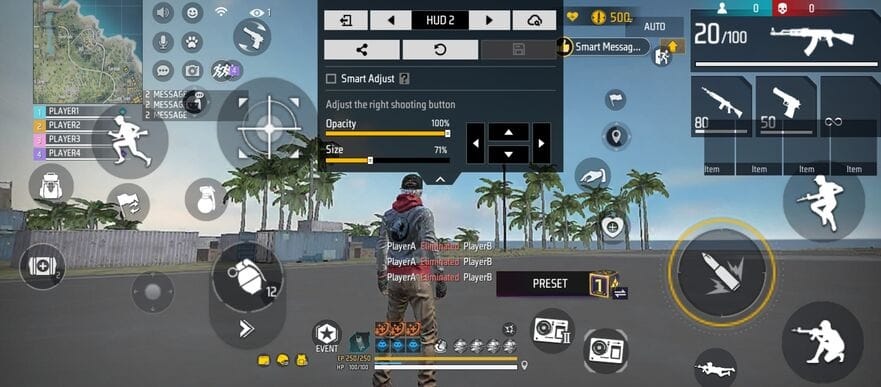 Free Fire HUD interface showing controls minimap and on screen buttons