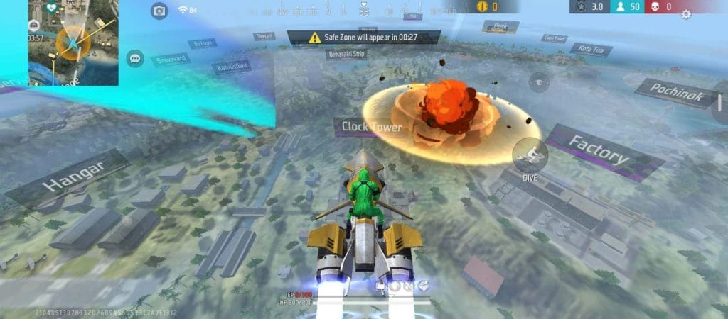 Free Fire map showing a flight path and a safer landing area