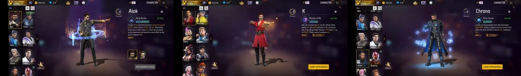 Free Fire Alok, K, and Chrono character ability screens