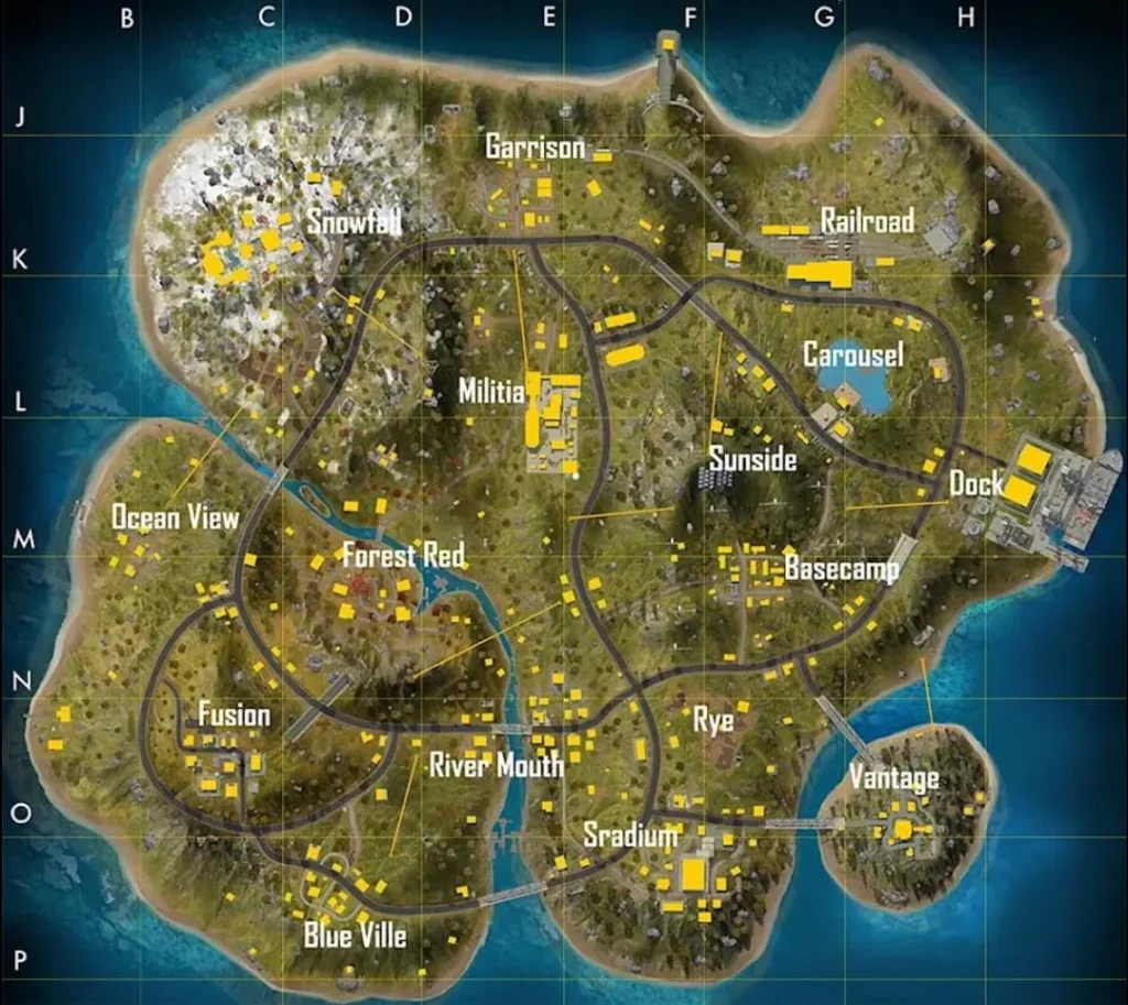 Free Fire Alpine map showing its labeled areas and terrain layout