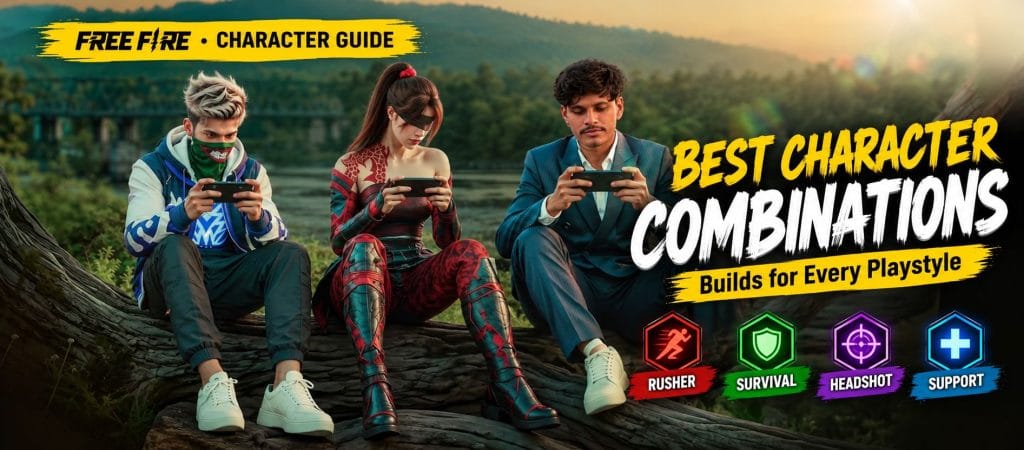Free Fire best character combinations for different playstyles, including rusher, survival, headshot, and support.