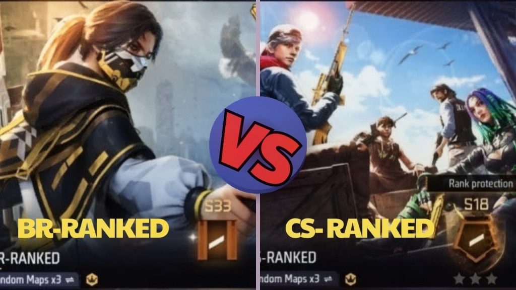 Free Fire lobby showing the BR Ranked and CS Ranked mode cards side by side