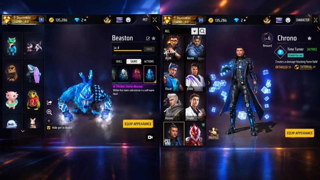 Free Fire character and pet selection for zone survival