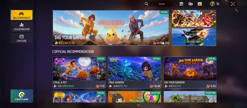 Free Fire Craftland screen showing featured maps including Chill Camp, Shipyard Esports Last Zone and Free Garden