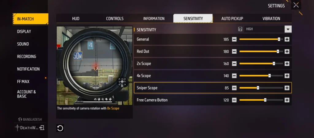 Free Fire settings menu showing the available in-game options
