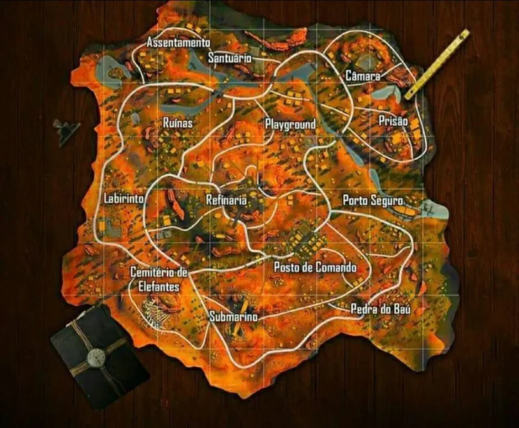 Free Fire Kalahari map showing desert terrain and labeled locations