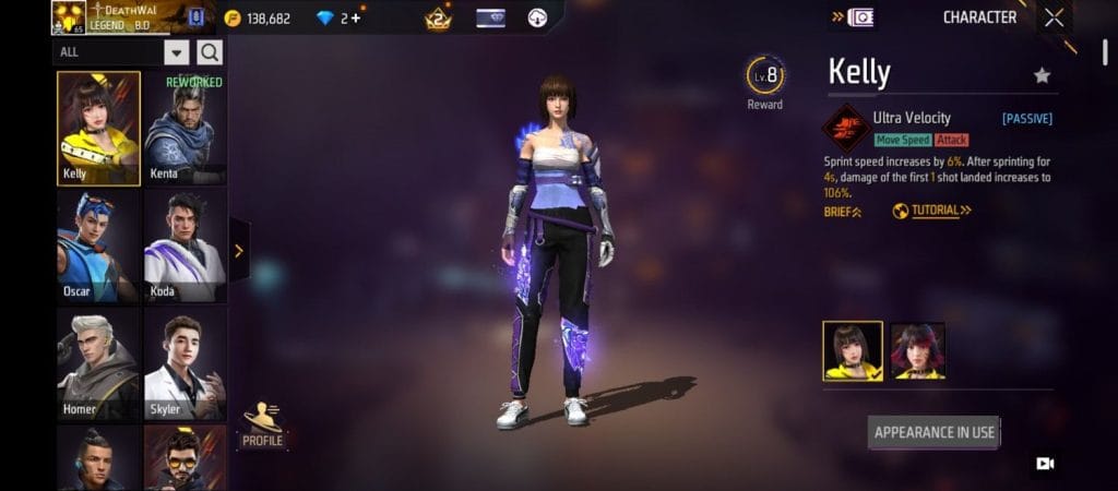 Free Fire Kelly Ultra Velocity ability showing increased sprint speed