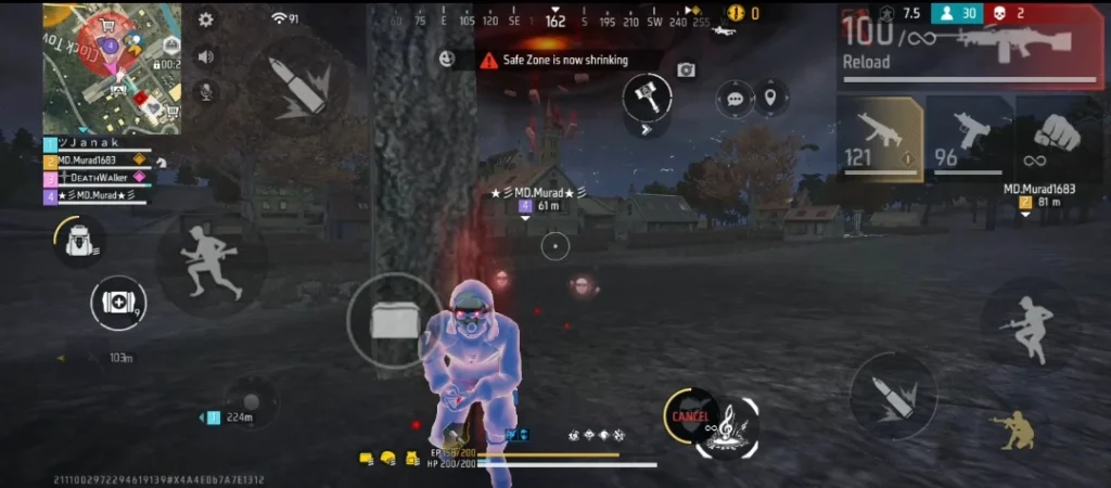 Free Fire mobile gameplay interface with on-screen controls