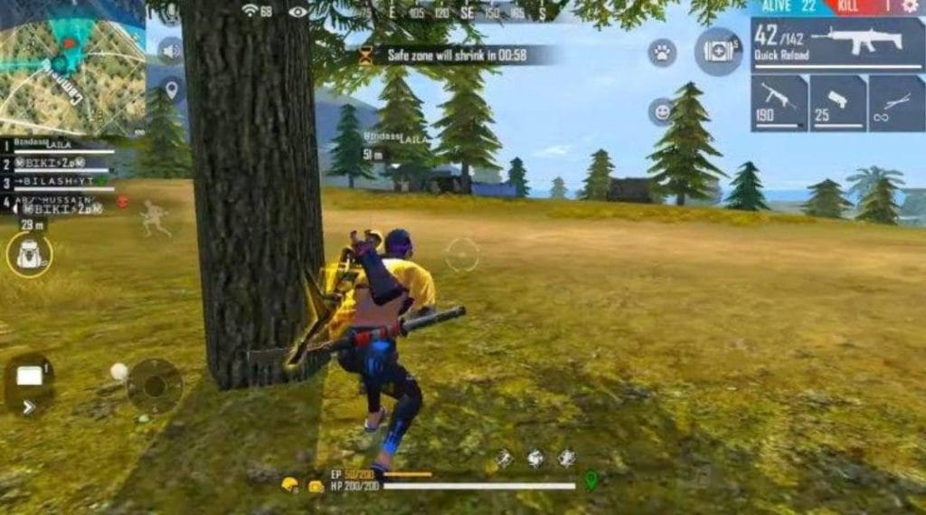 Free Fire character moving near environmental cover during gameplay