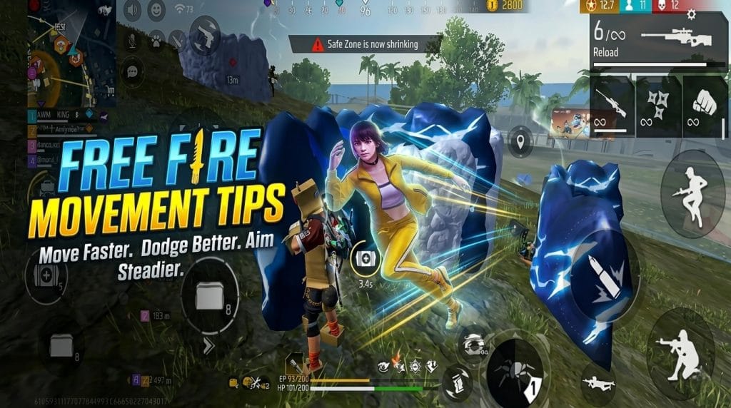 Free Fire character moving sideways while sprinting across an open area