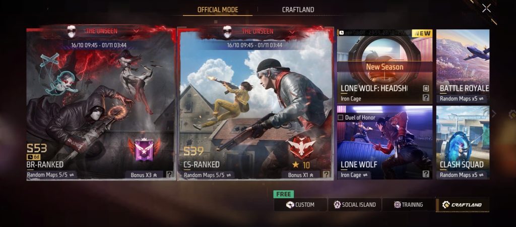 Free Fire Official Mode menu showing ranked queues, Battle Royale, Clash Squad, Lone Wolf, Training and Craftland options