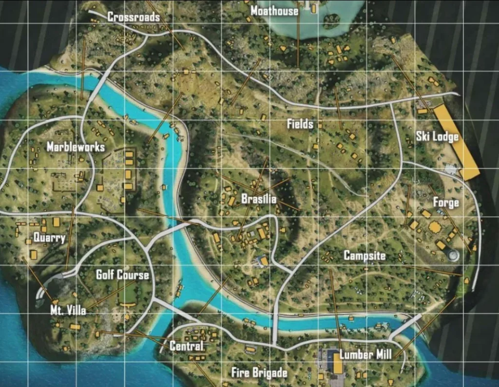 Free Fire Purgatory map showing river channels and connected land areas