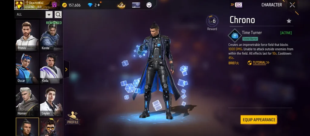 Free Fire character selection interface displaying character abilities