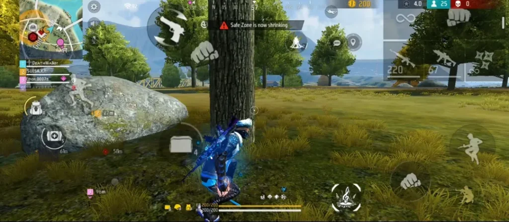 Free Fire character using available cover near the final safe zone