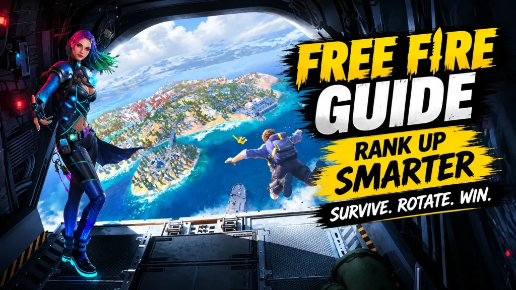 Free Fire battle royale gameplay showing a character preparing to land on the map