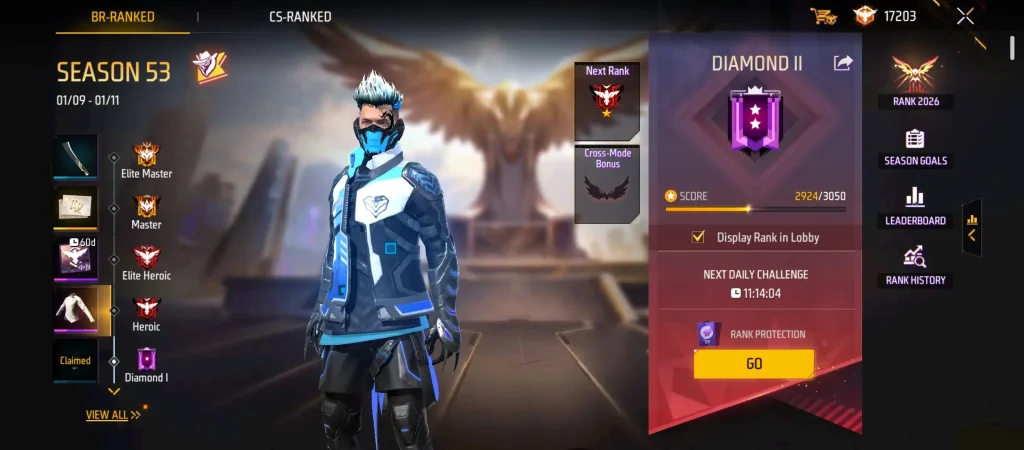 Free Fire ranked match results screen showing the match outcome and progression details