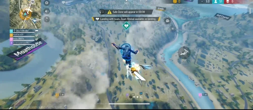 Free Fire battle royale gameplay showing a character preparing to land on the map