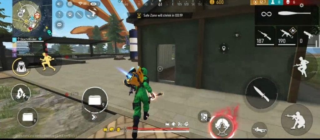Free Fire player rotating between buildings and natural cover