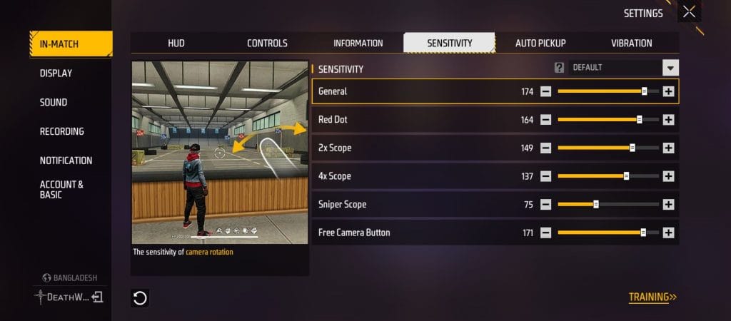 Free Fire in-game sensitivity settings screen