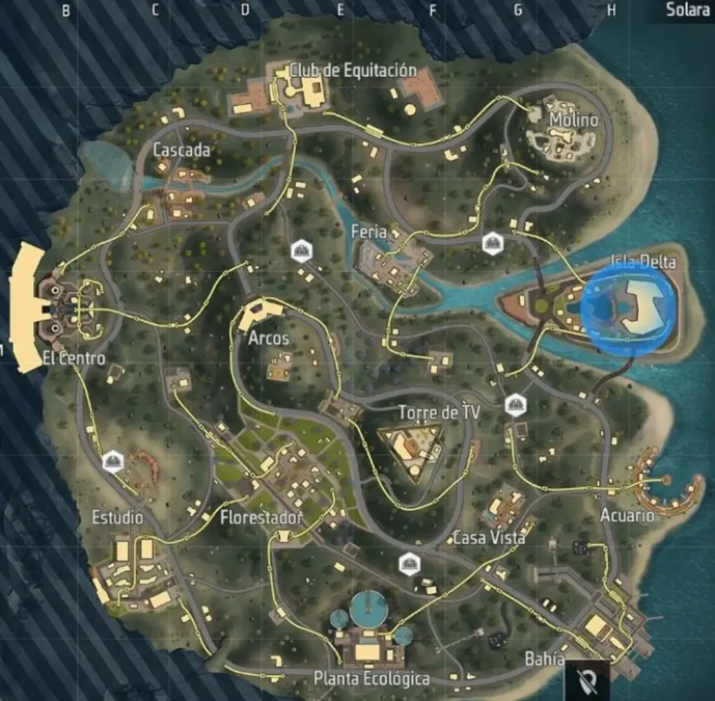 Free Fire Solara map showing coastal areas and visible slide-track routes