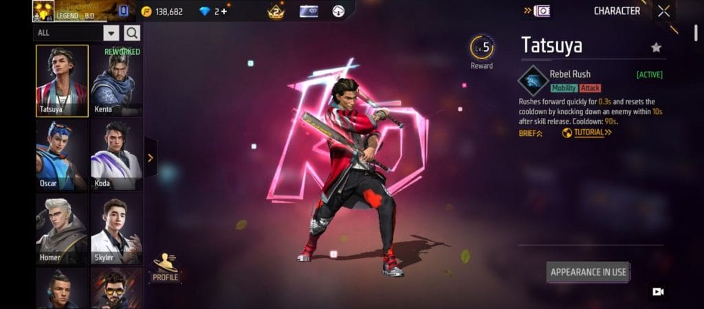 Free Fire Tatsuya Rebel Rush ability showing a forward dash