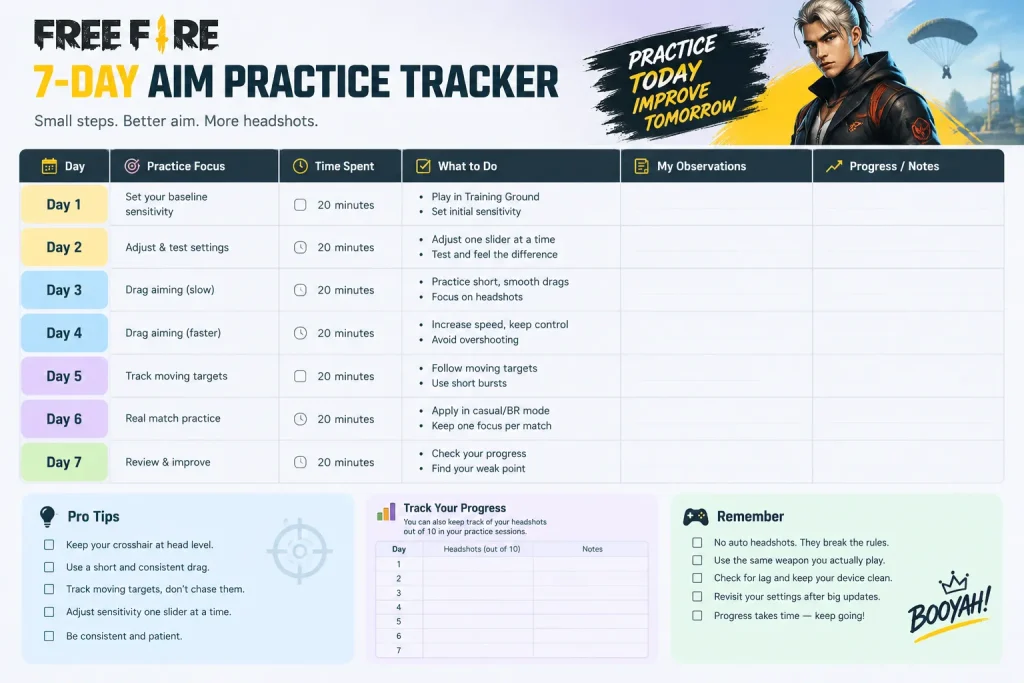 Weekly practice tracker for recording Free Fire gameplay progress