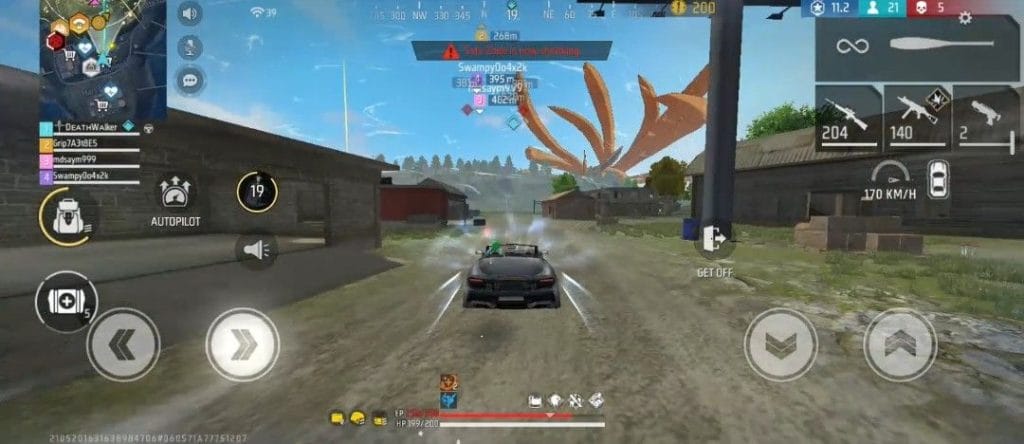 Free Fire map showing a player position and route toward the safe zone