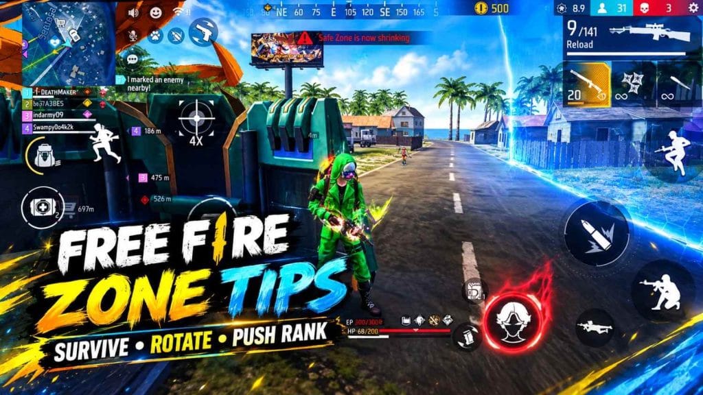 Free Fire player using cover while rotating toward the safe zone